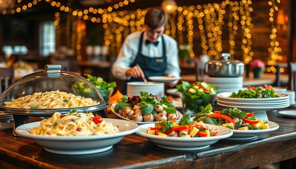 A beautifully arranged Olive Garden catering setup on a rustic wooden table, showcasing an array of appealing dishes such as Fettuccine Alfredo, stuffed mushrooms, and fresh garden salad. In the foreground, place elegantly designed serving trays with steaming pasta and vibrant vegetables. In the middle, include a professional caterer in smart, modest attire, thoughtfully arranging plates and garnishing the food. The background should suggest a warm, inviting dining environment, with soft, warm lighting to enhance the cozy atmosphere, featuring soft bokeh from fairy lights strung above. Capture the scene from a slight angle to provide depth, creating a sense of a family gathering, with an inviting ambiance perfect for a festive celebration.
