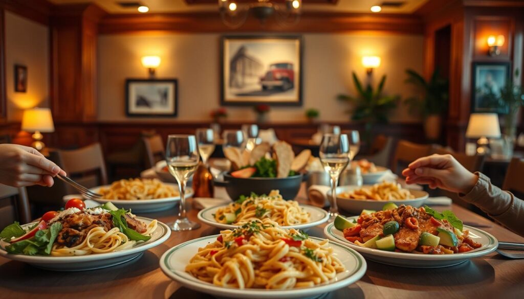 A beautifully arranged Olive Garden dining table showcasing an inviting family feast, with plates of delicious pasta, fresh salad, and warm breadsticks as the focal point in the foreground. The middle ground features a cozy and elegant restaurant setting with warm wooden accents and soft ambient lighting, creating a welcoming atmosphere. In the background, subtle hints of Italian-themed decor enhance the scene, including framed pictures of Italy and potted plants. The lighting is warm and golden, capturing the essence of a heartfelt dining experience. Use a slightly low angle to emphasize the abundant food while ensuring the table is well-composed, inviting viewers to appreciate the value of a meal at Olive Garden. The overall mood should feel warm, inviting, and family-oriented, conveying a sense of generous value in the dining experience.