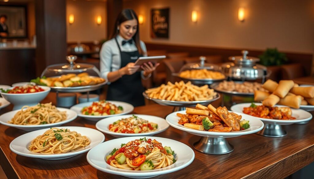 A beautifully arranged catering setup featuring a variety of delicious dishes from Olive Garden. In the foreground, a wooden table is adorned with colorful platters of classic Italian dishes such as pasta, fresh salad, and breadsticks, all artfully displayed on elegant white tableware. In the middle ground, a catering staff member in smart, professional attire is seen taking orders on a tablet, emphasizing the convenience of online and app orders. The background shows an inviting environment with soft, warm lighting, enhancing the welcoming feel of the catering experience. The overall atmosphere is lively yet organized, capturing the essence of a delightful catering service ready for delivery.