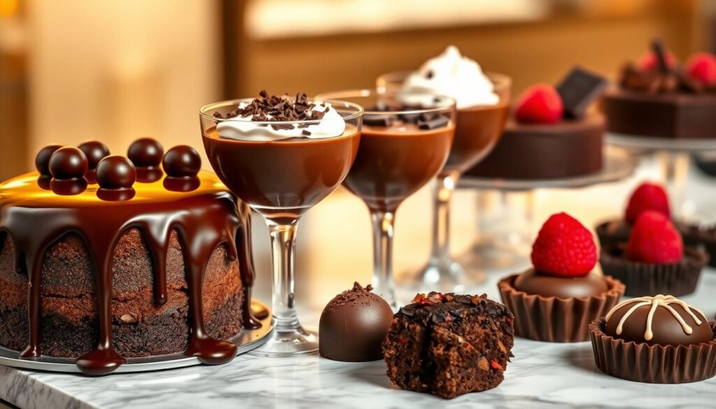 A beautifully arranged dessert table featuring a selection of rich chocolate cakes and mousse masterpieces. In the foreground, a sumptuous chocolate ganache cake dripping with glossy ganache sits next to a delicate chocolate mousse in elegant glassware, topped with whipped cream and dark chocolate shavings. The middle ground showcases assorted chocolate truffles, varying in textures and finishes, alongside a mini chocolate tart adorned with fresh raspberries. The background is softly blurred, hinting at a warm, inviting dining ambiance with gentle golden lighting that enhances the richness of the chocolate. The overall mood is decadent and indulgent, inviting viewers to savor the luxurious chocolate creations. The composition is captured from a slightly elevated angle, providing a tempting view of the desserts. No text or logos in the image.