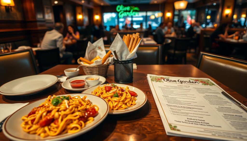 A beautifully arranged dining table at a cozy Olive Garden restaurant, showcasing a selection of signature dishes and a printed menu prominently featuring prices. In the foreground, there are two elegantly plated servings of pasta and a basket of breadsticks with dipping sauces. The middle ground includes a partially visible, upscale dinner setting with wooden accents and soft lighting, creating a warm and inviting atmosphere. The background depicts a softly blurred view of a bustling Olive Garden, with customers enjoying their meals. The lighting is warm and inviting, simulating golden hour, captured from a slight overhead angle to emphasize the details on the table. The overall mood is inviting and cozy, reflecting a casual yet rich dining experience.