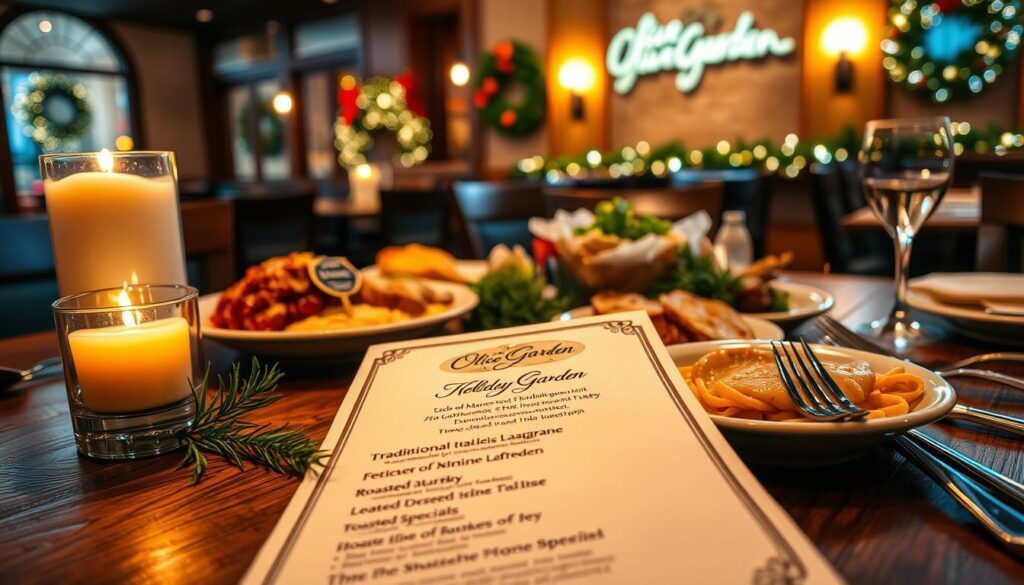 A beautifully arranged dinner menu set on a rustic wooden table, showcasing a selection of Olive Garden's holiday dishes. In the foreground, a menu card featuring elegant calligraphy listing traditional Italian meals such as lasagna, fettuccine alfredo, and seasonal specials like roasted turkey. Beside it, a glimmering candle and a sprig of rosemary enhance the festive atmosphere. In the middle ground, warm, soft lighting creates a welcoming glow, reflecting off polished cutlery and glassware. The background reveals a cozy Olive Garden interior, with holiday decorations like wreaths and twinkling lights, evoking a cheerful and inviting mood. The image captures the essence of holiday dining at Olive Garden, perfect for family gatherings.