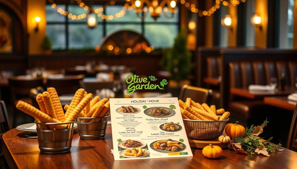 A beautifully arranged display highlighting Olive Garden's holiday hours, set in an inviting restaurant environment. In the foreground, a stylishly set wooden table with Olive Garden's signature breadsticks and a festive menu showcasing various holiday dishes. The middle includes a warm, rustic restaurant ambiance with elegant lighting, soft golden hues spilling from overhead lanterns, and cozy booths in the background. Create a welcoming atmosphere filled with holiday cheer, incorporating subtle seasonal decorations such as autumn leaves and small pumpkins. Capture the image with a slight depth of field, focusing clearly on the table and menu, while softly blurring the background. The overall mood should feel warm, friendly, and celebratory, inviting guests to learn about holiday dining.