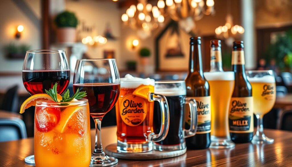A beautifully arranged display of Olive Garden drinks, showcasing a variety of colorful cocktails, elegant wine glasses, and chilled beer bottles. In the foreground, a vibrant cocktail garnished with citrus fruits and fresh herbs, accompanied by a classic wine glass filled with rich red wine. The middle ground features a rustic wooden table with a selection of beer in frosted mugs and bottles. The background captures a warm, inviting Olive Garden ambiance with soft, ambient lighting that highlights the drinks. The scene is set in a cozy restaurant setting, with subtle blurred elements like potted plants and dimly lit chandeliers, evoking a relaxed and cheerful atmosphere perfect for enjoying a delightful drink.