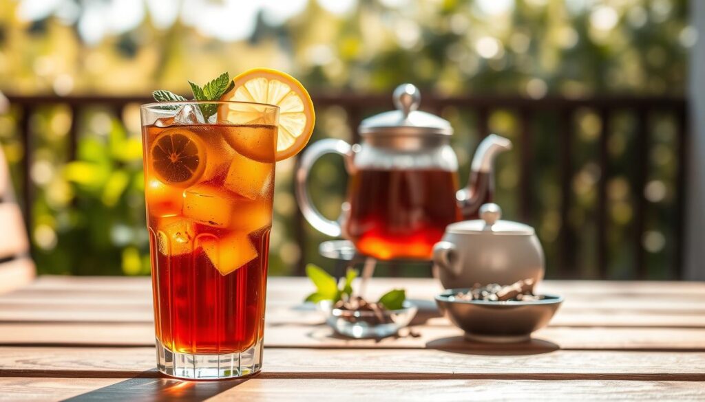 A beautifully arranged glass of fresh brewed iced tea sits in the foreground, filled with ice cubes and garnished with a slice of lemon and a sprig of mint. The rich amber color of the tea glistens in the light, reflecting its refreshing quality. In the middle of the scene, a wooden table is set with a charming teapot and a small dish of assorted tea leaves, hinting at the brewing process. The background features a sunlit patio setting with soft-focus greenery, creating a tranquil and inviting atmosphere. Warm afternoon light bathes the scene, enhancing the freshness and vibrancy of the iced tea. The composition invites the viewer to indulge in a refreshing non-alcoholic beverage ideal for complementing any meal.