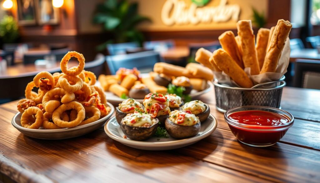 A beautifully arranged selection of Olive Garden appetizers, showcasing crispy fried calamari, cheesy stuffed mushrooms, and freshly baked breadsticks served with a side of marinara sauce. In the foreground, the appetizers are artfully plated on a rustic wooden table, highlighting their golden-brown textures and vibrant colors. In the middle ground, a warm, inviting atmosphere with soft, natural lighting enhances the food's appeal, casting gentle shadows. In the background, blurred elements of an Olive Garden restaurant, including hints of greenery and warm-toned decor, create a cozy dining ambiance. The scene evokes a sense of togetherness and indulgence, making it perfect for sharing among friends and family.