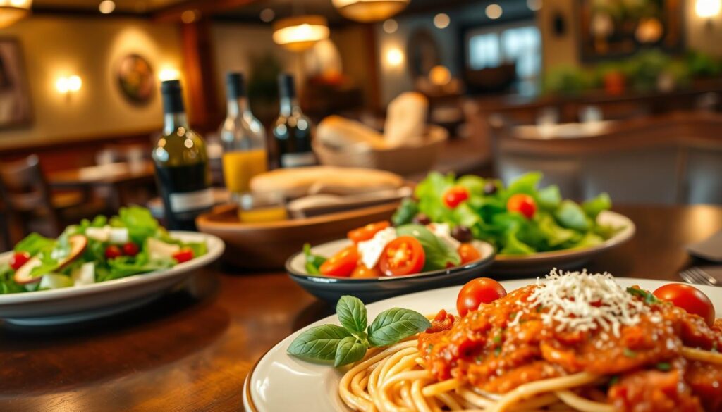 A beautifully arranged table at an Olive Garden restaurant, featuring a variety of vegan dishes prominently displayed. In the foreground, a colorful plate of spaghetti with marinara sauce, topped with fresh basil and cherry tomatoes, next to a crisp garden salad with a vibrant vinaigrette. In the middle ground, a wooden serving table with an assortment of olive oil and herbs, and a basket of rustic bread. The background shows the warm, inviting interior of the restaurant with soft, diffused lighting creating a cozy atmosphere. The lens captures a slight depth of field, focusing on the dishes while blurring the background subtly. The mood is welcoming and friendly, inviting the viewer to explore the delicious vegan options available.