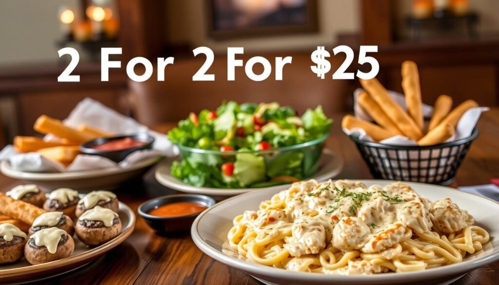 A beautifully arranged table featuring an array of popular Olive Garden entrées and appetizers suited for a "2 For $25" meal. In the foreground, showcase a large plate of Chicken Alfredo, creamy and inviting, surrounded by savory Stuffed Mushrooms, and crispy Breadsticks drizzled with garlic butter. In the middle, a bowl of classic Italian Salad adds a burst of color, complemented by a side of Marinara sauce. The background should include subtle hints of Olive Garden decor, such as rustic wooden accents and softly lit sconces, evoking a warm, welcoming atmosphere. Use natural lighting to enhance the food's colors and textures, capturing the essence of a cozy dining experience. The image should have a warm, inviting mood, making it appealing to food lovers.