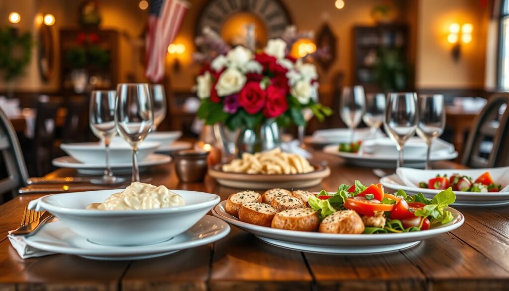 A beautifully arranged table setting showcasing an Olive Garden Veterans Day Menu. In the foreground, feature a rustic wooden table adorned with elegant white tableware, festive red, white, and blue decorations, and a centerpiece of fresh flowers symbolizing patriotism. In the middle ground, display a variety of signature Olive Garden dishes such as creamy alfredo pasta, bruschetta, and a vibrant salad, all artfully presented. The background should be softly blurred to reveal the cozy and inviting ambiance of an Olive Garden restaurant, with warm lighting that enhances the welcoming atmosphere. Capture this scene from a slightly elevated angle to provide a comprehensive view, conveying a spirit of gratitude and celebration for veterans.