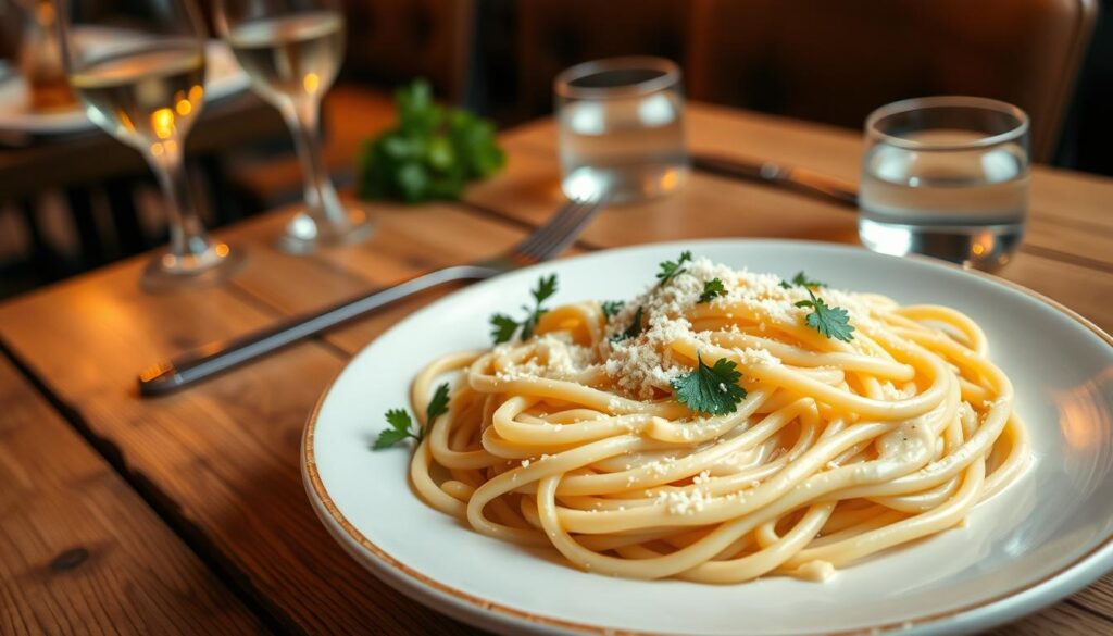 A beautifully plated dish of fettuccine alfredo, with creamy white sauce glistening over perfectly cooked strands of pasta. In the foreground, sprinkle fresh parsley and a dusting of grated Parmesan cheese for a pop of color. The middle ground features a rustic wooden table adorned with a fork and a glass of sparkling water. Soft, warm lighting creates a cozy atmosphere, while the background shows out-of-focus hints of an Italian restaurant setting with subtle olive green and warm beige tones. The composition captures a welcoming, inviting feel, perfect for a casual dining experience. The angle is slightly overhead, showcasing the dish's details while inviting viewers to imagine enjoying this comforting meal.