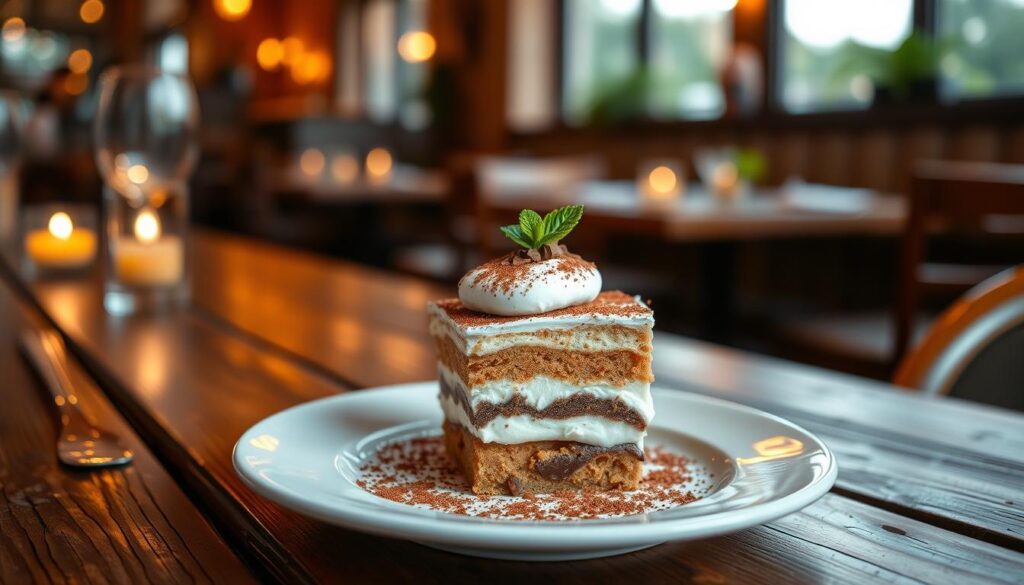 A beautifully plated tiramisu on a rustic wooden table, showcasing its rich layers of espresso-soaked ladyfingers, creamy mascarpone, and a dusting of cocoa powder. The dessert sits at the forefront, elegantly garnished with chocolate shavings and a sprig of mint. In the background, a softly blurred Italian restaurant setting with warm, ambient lighting creates a cozy atmosphere, hinting at dining tables and flickering candlelight. The scene captures the indulgence of this classic dessert, evoking feelings of comfort and satisfaction. Shot from a slightly elevated angle to highlight the texture of the tiramisu, with natural light streaming in to illuminate the dish, giving it a warm, inviting glow.