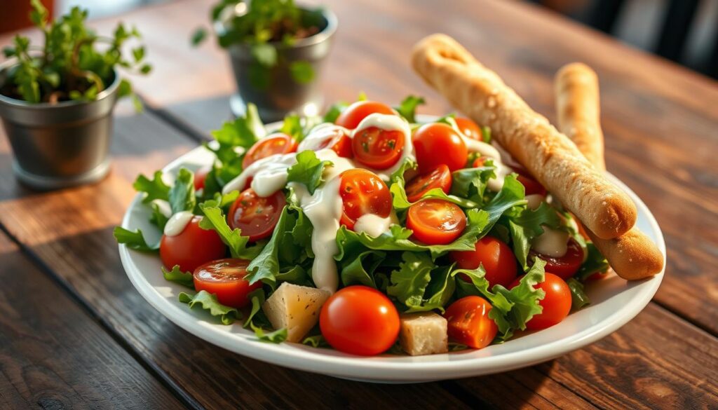 A beautifully presented plate of Olive Garden-style salad dressed with vibrant greens, cherry tomatoes, and creamy Italian dressing, accompanied by soft, golden-brown breadsticks sprinkled with garlic and parsley. The background features a rustic wooden table with a touch of greenery from potted herbs, softly blurred to emphasize the food in the foreground. The lighting is warm and inviting, reminiscent of a cozy restaurant atmosphere, casting gentle shadows that enhance the texture of the salad and breadsticks. The camera angle is slightly tilted from above, capturing the delicious details of the meal while maintaining a casual dining vibe, inviting viewers to indulge in this unlimited soup, salad, and breadsticks experience.