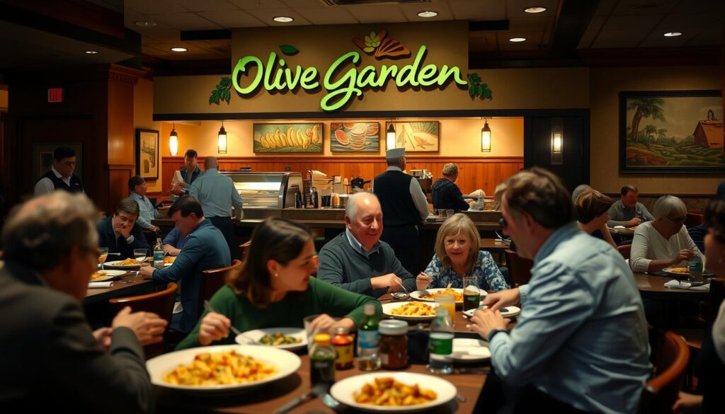 A bustling Olive Garden restaurant during peak dinner hours, showcasing a lively atmosphere. In the foreground, guests seated at tables enjoy their meals, with a family laughing and sharing pasta dishes. The middle ground features attentive staff members in professional attire, serving food and taking orders. The background reveals the warm, inviting interior of the restaurant, illuminated by soft lighting, creating a cozy ambiance with wooden decor and Italian-inspired artwork on the walls. The scene captures the energy of a popular dining spot during a weekend evening, conveying a sense of community and camaraderie among diners. The angle is slightly elevated, offering a wide view of the restaurant layout, emphasizing the busy yet welcoming vibe.