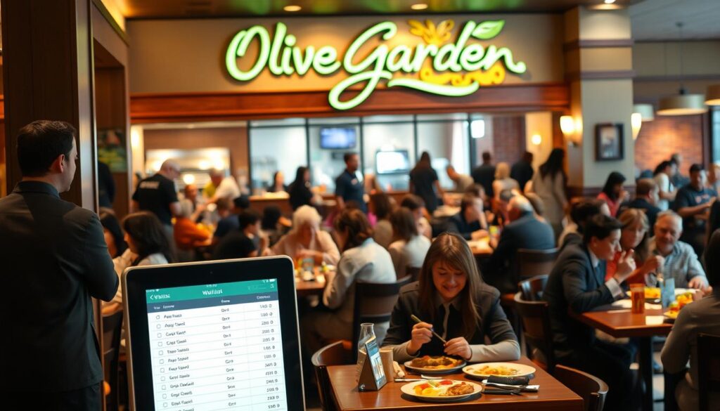A busy Olive Garden restaurant interior during peak hours, showcasing a digital waitlist display prominently in the foreground. In the middle ground, guests are seated at tables enjoying their meals, with friendly staff in professional uniforms attending to them. The background features the restaurant's signature warm, inviting decor, with soft lighting casting a cozy glow throughout the space. The atmosphere is lively, filled with the sounds of conversation and laughter, depicting a bustling dining experience. Include a glimpse of the entrance where a host is managing an electronic waitlist on a tablet. The scene should convey a sense of excitement and community, without any visible text or distractions. Ideal lighting for a warm, inviting feel, captured with a soft focus lens to enhance the ambiance.