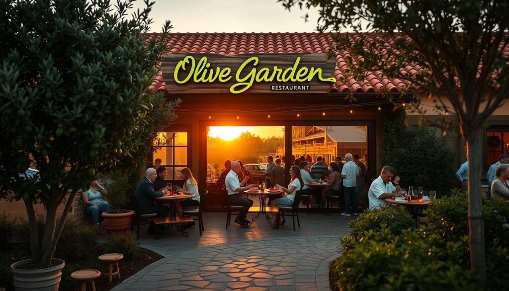 A charming Olive Garden restaurant exterior during golden hour, showcasing the inviting entrance adorned with lush green olive trees and rustic wooden signage. In the foreground, a stone pathway leads to the patio, where people in casual, modest attire enjoy appetizers and drinks around small, round tables. The middle ground displays a warm ambiance with twinkling fairy lights strung above, creating an intimate atmosphere. In the background, the sun sets just beyond the horizon, casting a soft, warm glow on the restaurant’s terracotta roof. The scene captures a sense of community and warmth, ideal for a happy hour gathering. The image is well-lit with a focus on the inviting entrance, using a slight wide-angle lens to convey a cozy environment.