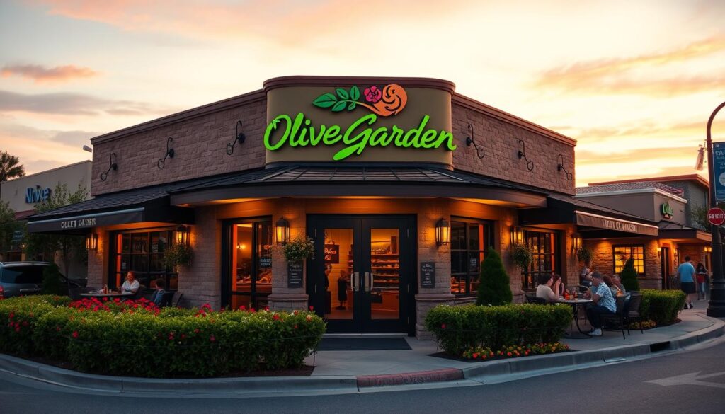 A charming Olive Garden restaurant exterior with a warm, inviting façade, situated on a bustling street at dusk. In the foreground, neatly manicured hedges and vibrant flower beds frame the entrance, highlighting the welcoming doors lit by soft, ambient lighting. In the middle, patrons can be seen enjoying their meals at outdoor tables, dressed in casual summer attire, engaged in cheerful conversation. The background features a sunny sky transitioning to twilight, with hints of pink and orange hues interspersed with subtle clouds, setting a relaxed atmosphere. A slight tilt angle captures the essence of the location, emphasizing the establishment’s cozy ambiance and appealing architecture. The image focuses solely on the restaurant without any text or overlays, encapsulating the inviting charm of Olive Garden.