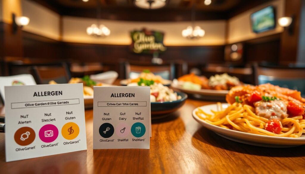 A close-up view of Olive Garden allergen labels displayed on a wooden table, showcasing various dishes. The foreground features clear, colorful labels indicating allergens with symbols for nuts, gluten, dairy, and shellfish. In the middle, a selection of tempting Olive Garden menu items, such as pasta and salad, are beautifully plated. The background is softly blurred to suggest the warm, inviting ambiance of an Olive Garden restaurant, with warm lighting casting a mellow glow across the scene. The angle is slightly tilted for a dynamic perspective, creating an engaging and informative atmosphere, emphasizing the importance of allergen information. The overall mood is warm, welcoming, and educational, perfect for understanding the allergen menu.