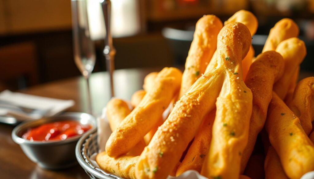 A close-up view of a basket overflowing with Olive Garden breadsticks, golden brown and steaming, displaying their soft, fluffy texture. The breadsticks are arranged artfully, with a sprinkle of garlic and parsley on top, basking in warm, ambient lighting that creates a cozy and inviting atmosphere. In the background, an elegant table setting features a small bowl of marinara sauce, hinting at the classic pairing. The depth of field keeps the focus on the breadsticks while gently blurring the background, accentuating their deliciousness. The overall mood conveys warmth and satisfaction, emphasizing the appeal of these beloved breadsticks and their potential vegan-friendly attributes.
