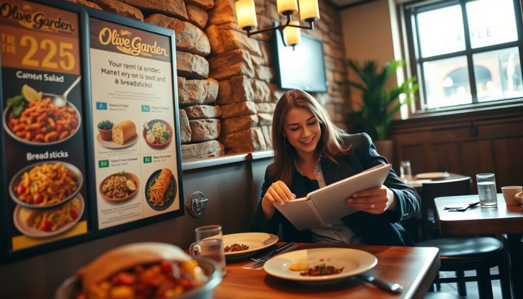 A cozy Italian restaurant setting featuring a couple at a table, reviewing the Olive Garden menu options. In the foreground, large menu boards display enticing dishes from the "2 for $25" promotion, such as pasta, salad, and breadsticks. The middle-ground captures the couple, dressed in smart casual attire, enthusiastically discussing their choices, with one person pointing at the menu and the other jotting down their order. In the background, warm lighting casts a welcoming glow over the rustic decor, highlighting wooden tables and green accents, creating an inviting atmosphere. The angle focuses on the couple and the menu, emphasizing the essence of ordering from Olive Garden, while ensuring the overall ambiance feels warm and friendly.