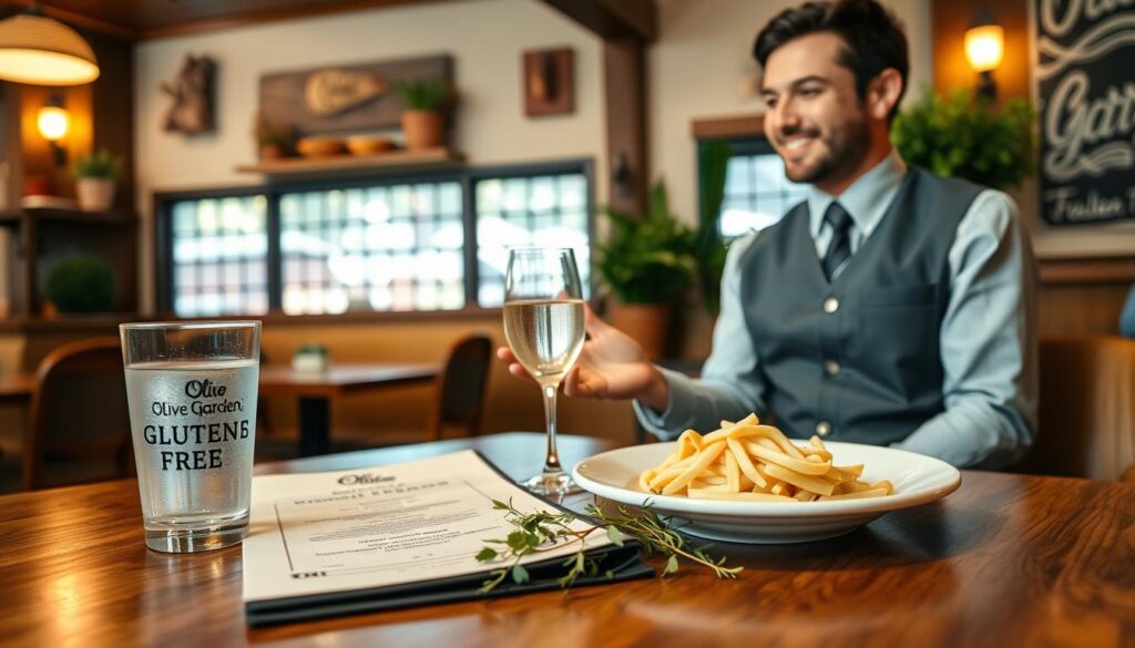 A cozy Olive Garden restaurant interior, featuring a well-dressed server in a neat uniform, attentively communicating with a guest at a wooden table. In the foreground, showcase a beautifully arranged gluten-free menu, adorned with fresh herbs and a glass of sparkling water beside a plate of gluten-free pasta. In the middle, the server is smiling, using open body language to indicate warmth and professionalism, while the guest appears relaxed, engaged in the conversation. In the background, soft ambient lighting casts a warm glow over rustic wooden decor and potted plants, creating a welcoming atmosphere. Use a wide-angle lens to capture the intimacy of the scene, ensuring the focus remains on the communication between the server and guest, evoking a sense of comfort and clarity.