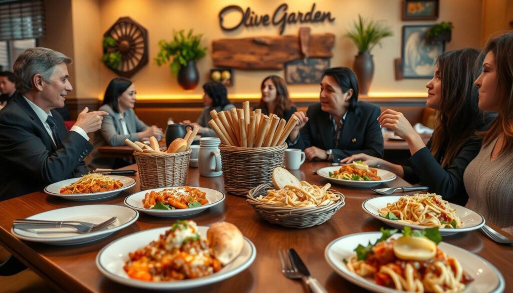 A cozy Olive Garden restaurant setting during lunch hours, capturing the essence of Italian dining. In the foreground, a beautifully set wooden table laden with small plates of classic Italian dishes like lasagna, fettuccine Alfredo, and salad, with fresh breadsticks in a basket. In the middle, a diverse group of people in professional business attire enjoying their meals and engaging in conversation, reflecting a friendly and inviting atmosphere. The background features warm ambient lighting with Italian-themed decor, including rustic wall art and plants. The scene is shot from a slightly elevated angle, with soft focus on the background to emphasize the lunch experience. The mood is relaxed and cheerful, evoking a sense of community and appreciation for good food.