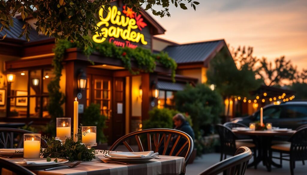 A cozy Olive Garden restaurant setting during the early evening. In the foreground, a beautifully set outdoor dining table with subtle candlelight, peppered with fresh herbs and Italian decor. The middle ground features the inviting Olive Garden entrance, adorned with warm wooden accents and lush greenery, illuminated by soft yellow lighting that highlights the restaurant's logo. In the background, a clear twilight sky filled with soft hues of orange and blue, signaling the end of the day. The atmosphere is warm and welcoming, evoking the comfort of Italian hospitality, ideal for family dining. The scene captures the essence of a busy day transitioning into a pleasant evening, showcasing the inviting nature of the restaurant.