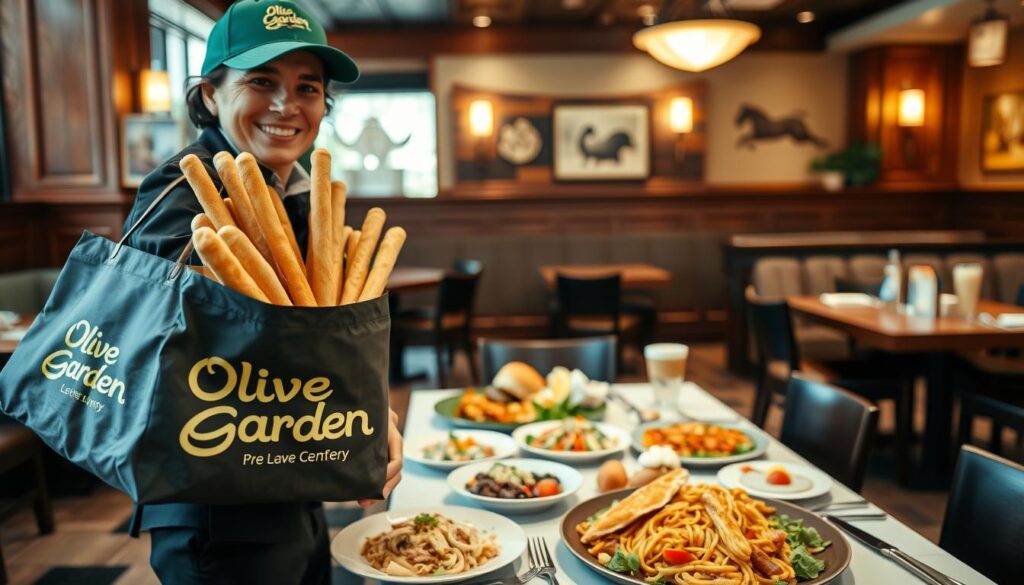 A cozy Olive Garden restaurant setting featuring a well-dressed delivery person in professional attire, holding a branded Olive Garden bag filled with delicious Italian cuisine. In the foreground, the delivery person smiles warmly, showcasing the restaurant's signature breadsticks. In the middle, a beautifully laid table with a lavish spread of pasta, salad, and desserts captures the essence of Italian dining. The background shows the warm ambiance of the restaurant, with wooden accents and soft lighting that creates an inviting atmosphere. The scene is shot from a low angle, emphasizing the delivery and inviting customers to experience the new on-demand service. The overall mood is cheerful and professional, highlighting the convenience and quality of Olive Garden's delivery service.