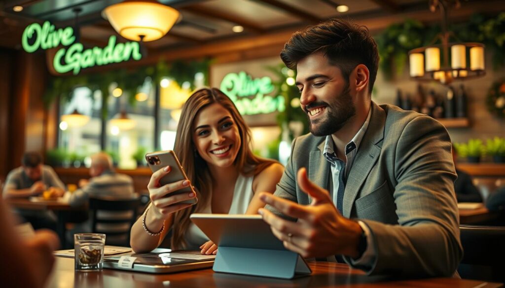 A cozy Olive Garden restaurant setting featuring a well-dressed young couple seated at a table. In the foreground, the woman is holding her smartphone, displaying the Apple Pay app, while the guy smiles and gestures towards the tablet on the table, indicating their order. Soft, warm lighting illuminates the scene, casting gentle shadows on their faces and the surrounding wooden decor, creating an inviting atmosphere. In the background, other diners enjoy their meals, with subtle greenery and rustic Italian decor enhancing the ambiance. The focus is on the couple's interaction with technology and the restaurant experience, capturing the moment of using Apple Pay seamlessly. Use a shallow depth of field to keep the couple in sharp focus while softly blurring the background.