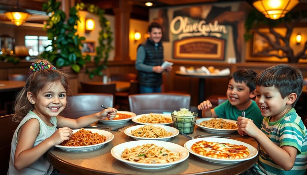A cozy Olive Garden restaurant setting filled with cheerful children enjoying their meals from the kids' menu. In the foreground, a group of three kids—one girl and two boys—are seated at a round table, smiling and sharing plates of spaghetti and pizza. They are dressed in colorful, modest casual clothing. In the middle ground, a friendly waiter serves breadsticks and salad, with a warm, inviting atmosphere enhanced by soft, golden lighting. The background showcases the characteristic Olive Garden decor, including green vines and rustic wooden accents, contributing to a family-friendly vibe. The lens captures the scene from a slightly elevated angle, emphasizing the joy of dining together and the delicious food on the table.