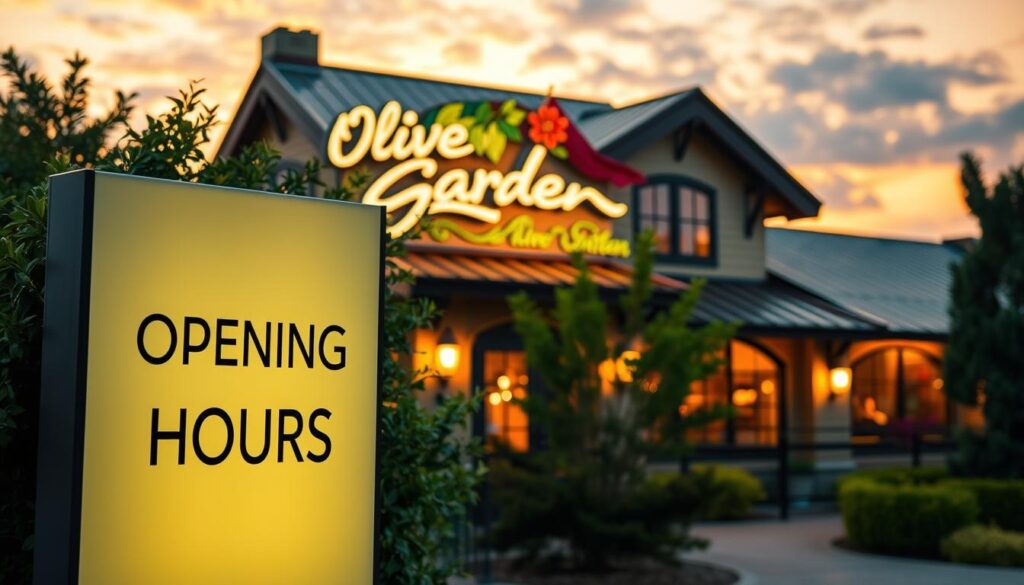 A cozy and inviting Olive Garden restaurant exterior during the golden hour of sunset, showcasing the warm glow from inside. In the foreground, a well-maintained sign highlighting "Opening Hours" elegantly displayed without text. The middle ground features the restaurant's charming architecture with lush greenery surrounding it, creating an inviting atmosphere. In the background, a tranquil sky painted in soft pastels adds to the serenity of the setting. The image captures a welcoming ambiance, evoking a sense of warmth and comfort. The lighting is warm and inviting, enhance the homey feel of the surroundings. The lens captures the details of the restaurant façade, showcasing the signature Olive Garden style in a professional yet approachable manner.