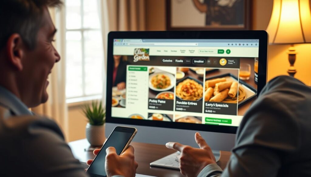 A cozy dining room setting with a computer screen displaying the Olive Garden online ordering interface, including menu items like pasta and breadsticks. In the foreground, a person in business casual attire, focused and happily navigating the website with a smartphone in hand. In the middle, a detailed view of the online menu featuring delicious appetizers, entrees, and daily specials, highlighted with a warm glow. The background has soft lighting from a table lamp, creating an inviting atmosphere. The overall mood is friendly and welcoming, evoking a sense of ease and urgency in ordering delicious meals quickly. The camera angle is slightly above eye level, emphasizing the technology and food while maintaining warmth in the setting.