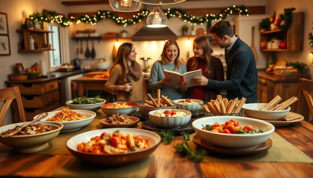 A cozy holiday meal planning scene set on a rustic wooden dining table adorned with festive decorations. The foreground features an elegantly arranged table with a warm olive green tablecloth, showcasing a variety of delicious Italian dishes, including pasta, salads, and breadsticks in beautiful serving bowls. In the middle ground, a family of four people in modest casual attire enthusiastically discussing their meal options, with one person pointing at a menu. In the background, a softly lit kitchen filled with ingredients and cooking utensils, surrounded by holiday decorations like garlands and twinkling lights. The warm ambient lighting creates a cheerful atmosphere, evoking the joy of gathering for holiday celebrations. The scene captures the essence of planning festive meals, highlighting comfort and togetherness.