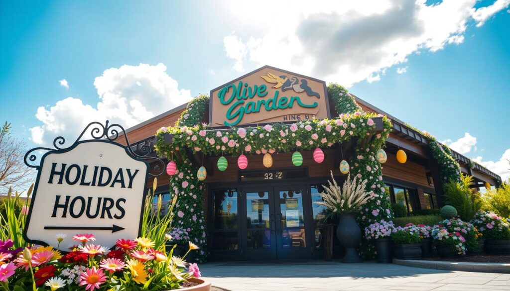 A festive restaurant scene depicting an inviting Olive Garden exterior on a sunny Easter holiday. In the foreground, a large decorative sign displaying “Holiday Hours” is elegantly placed, surrounded by colorful spring flowers and lush greenery. The middle ground showcases the Olive Garden entrance, adorned with pastel-colored floral arrangements and cheerful Easter decorations, like hanging eggs and bunny motifs. Bright, natural lighting creates a warm and welcoming atmosphere, suggesting a perfect day for dining. The background features a clear blue sky with fluffy white clouds, enhancing the cheerful ambiance. The angle captures a slight upward view to emphasize the restaurant's charming architecture, inviting diners to join in the celebration. No people are present in the image, maintaining focus on the restaurant's decorations and ambiance.