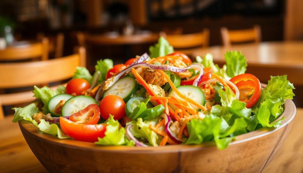 A fresh, vibrant salad without croutons, arranged artistically in a large, rustic wooden bowl. The salad includes crisp romaine lettuce, bright cherry tomatoes, slices of cucumber, thinly grated carrots, and colorful bell peppers, all drizzled with a light, tangy vinaigrette. In the foreground, the salad is perfectly centered, showcasing the textures and colors of the ingredients. Soft, natural lighting bathes the scene, highlighting the freshness of the vegetables and creating a warm, inviting atmosphere. In the background, a subtle hint of the Olive Garden restaurant ambiance can be suggested with blurred wooden tables and décor, enhancing the dining experience theme without detailing any specific elements. The overall mood is fresh, healthy, and appetizing, perfect for a gluten-free meal option.