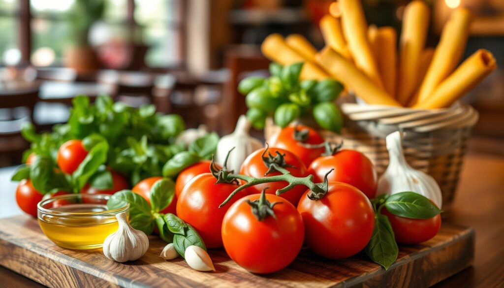 A lush, vibrant display of fresh ingredients commonly found in Olive Garden dishes, capturing the essence of Italian cuisine. In the foreground, a rustic wooden cutting board features a selection of ripe tomatoes, fragrant basil, and garlic cloves, with olive oil glistening in a small bowl beside them. The middle ground showcases a basket overflowing with freshly baked breadsticks, golden-brown and warm. In the background, a subtle blur of a cozy restaurant setting with soft, warm lighting creates an inviting atmosphere. Use a slightly overhead angle to enhance the arrangement, with a shallow depth of field that draws focus to the ingredients, evoking a sense of comfort and Mediterranean charm. Soft shadows add depth and warmth, emphasizing the deliciousness of the scene.