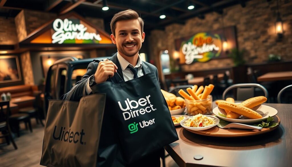 A modern Olive Garden restaurant setting with a delivery driver in smart casual attire, holding a branded Uber Direct delivery bag, standing in front of a delivery vehicle. In the foreground, the driver has a friendly expression, ready to deliver a meal. The middle ground showcases a beautifully presented table with Olive Garden dishes like pasta and breadsticks, artfully arranged. The background features the warm, inviting interior of an Olive Garden, with rustic decor and soft lighting illuminating the scene, creating a cozy, welcoming atmosphere. The angle is slightly elevated, capturing both the driver and the dining experience, conveying excitement about the new delivery service partnership.