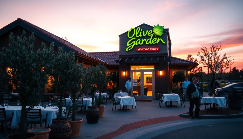 A peaceful exterior view of an Olive Garden restaurant during dusk, showcasing its welcoming facade with warm, inviting lights illuminated. In the foreground, a beautifully arranged outdoor dining area with potted olive trees and soft white tablecloths, suggesting a cozy atmosphere. The middle ground features the restaurant's entrance with glass doors, displaying the interior's warm light. The background captures a fading twilight sky in hues of orange and purple, enhancing the scene's tranquility. This setting reflects the closing hours vibe, with a serene ambiance and a few patrons casually enjoying their meals. The whole composition should be shot from a slightly elevated angle to provide depth, with soft diffused lighting to create a warm, inviting mood.