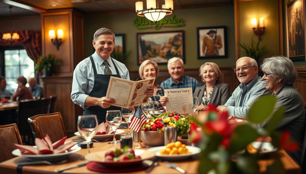 A vibrant Thanksgiving-themed scene capturing a cozy Olive Garden restaurant interior during Veterans Day. In the foreground, a beautifully set dining table adorned with red, white, and blue decorations, featuring olive garden appetizers and entrees. Soft lighting, highlighting the warm wood tones of the venue, creates an inviting atmosphere. In the middle ground, a smiling server in professional attire presents a special Veterans Day menu to a group of diverse, modestly dressed veterans, all sharing joyful expressions. The background showcases Olive Garden's signature decor, with olive-green walls and Italian-inspired art, framing the scene. A subtle lens flare adds warmth to the composition, evoking a sense of community and appreciation during this special holiday.