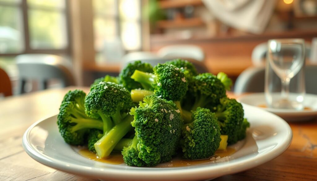 A vibrant and fresh plate of perfectly steamed broccoli, glistening with a light sheen of olive oil, sits prominently in the foreground. The broccoli florets are vividly green, complemented by a sprinkle of sea salt and crushed garlic, adding texture and depth to the image. In the middle ground, a softly blurred table setting with a rustic wooden surface enhances the inviting atmosphere. warm, natural lighting streams from the left, creating soft shadows and highlighting the freshness of the vegetables. In the background, the faint outlines of cozy restaurant decor hint at a welcoming dining environment. Overall, the scene conveys a wholesome and appealing vibe, suitable for illustrating vegan dining options, especially as a side dish.
