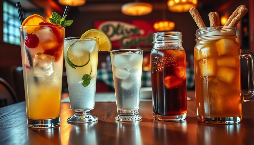 A vibrant table setting showcasing a variety of non-alcoholic drinks, including a colorful mocktail with fresh fruit garnishes, a sparkling lemonade in a tall glass with ice, and a herbal iced tea served in a rustic mason jar. The foreground features close-up views of the drinks, glistening under soft, warm lighting that creates a welcoming atmosphere. In the middle background, an elegantly arranged wooden table with classic Olive Garden elements, like a green and white checkered tablecloth and breadsticks, complements the drinks. The overall mood is warm and inviting, reminiscent of a cozy Italian dining experience. The angle captures the laid-back elegance of casual dining while ensuring no text or branding elements are present in the image.