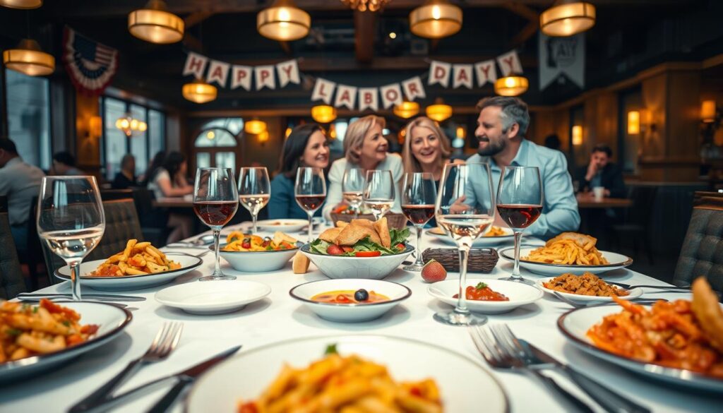 A vibrant, well-organized dining table set for a Labor Day holiday gathering. In the foreground, a beautifully arranged table features colorful dishes typical of a festive meal, such as pasta, salad, and breadsticks, with elegant silverware and glasses reflecting soft, warm lighting. In the middle, a family of four, dressed in comfortable yet neat casual outfits, discusses their menu options with smiles, embodying a friendly and inviting atmosphere. The background showcases a cozy restaurant interior, with decorative banners celebrating Labor Day, dim lights casting a welcoming glow, and patrons enjoying their meals. Capture this scene with a warm, inviting aesthetic, using a slight angle to emphasize the interactions at the table while softly blurring the background for a depth-of-field effect.
