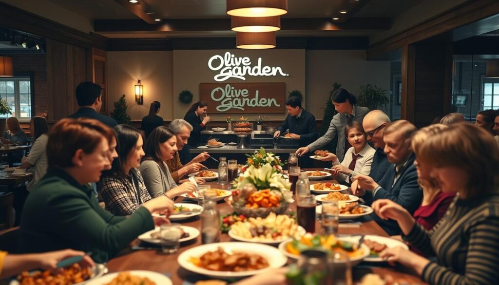 A warm and inviting Olive Garden restaurant interior bustling with guests enjoying their meals during Thanksgiving. In the foreground, a diverse group of families and friends, dressed in smart casual clothing, are gathered around a table laden with classic Italian dishes and festive decorations. The middle ground features attentive waitstaff in uniforms serving additional dishes and drinks, creating a lively atmosphere. In the background, soft, ambient lighting enhances the coziness of the space, with rustic wooden furnishings and traditional Italian decor visible. The scene captures a mood of celebration and togetherness, showcasing guests connecting over a meal, embodying the essence of hospitality during the holiday season. The image composition should suggest depth and warmth, inviting the viewer to feel part of the gathering.