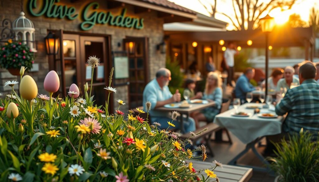A warm, inviting scene of a cozy restaurant exterior on Easter Sunday, featuring a charming Olive Garden-style establishment. In the foreground, a lush green flower-filled garden with vibrant Easter decorations, including colorful eggs and delicate spring flowers. In the middle ground, families and friends in modest casual clothing enjoying their meals on an outdoor patio, with plates of pasta and glasses of wine on the tables, reflecting a festive atmosphere. The background showcases a setting sun casting a soft golden light, with gentle shadows lengthening across the scene. The perspective is slightly elevated, shooting from an angle that captures the warm ambiance and joyful energy of Easter dining. The overall mood is cheerful and welcoming, evoking a sense of community and celebration.