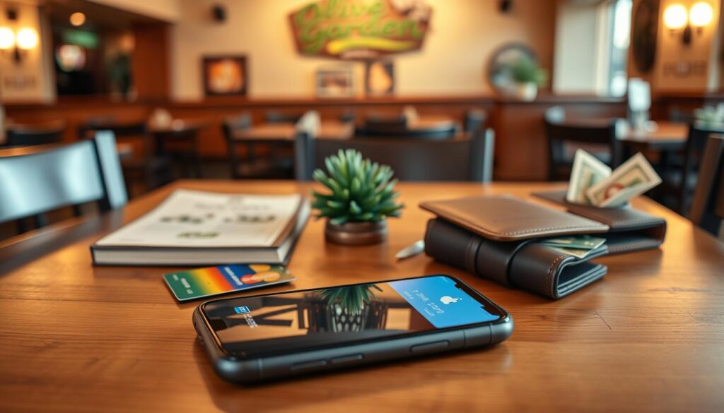 A well-organized tabletop scene showcasing various payment options available at Olive Garden. In the foreground, display a sleek smartphone with the Apple Pay interface visible, surrounded by a credit card and a cash wallet, emphasizing the diversity in payment methods. In the middle ground, include a rustic wooden table with a menu and a small decorative plant to create a warm dining atmosphere. The background should feature a softly blurred Olive Garden restaurant interior, capturing the ambient lighting of the space with its characteristic warm tones. The image is shot from a slightly elevated angle, using natural lighting to highlight the textures of the table and payment items. The overall mood is inviting and friendly, enticing viewers with a sense of comfort at the restaurant.