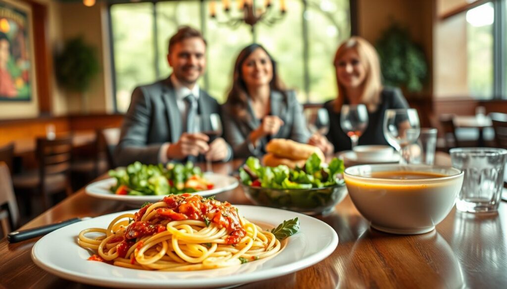 An elegantly arranged table set at Olive Garden, showcasing a variety of healthy lunch options. In the foreground, the focus is on a colorful plate of Zoodles with marinara sauce, a mixed greens salad with a light vinaigrette, and a bowl of vegetable soup, all artfully presented. The middle ground features a well-dressed couple in professional attire, happily enjoying their meal, exuding a sense of warmth and satisfaction. The background reveals the cozy, inviting interior of the Olive Garden restaurant, with soft, natural lighting casting a warm glow on the wooden furnishings and Italian-themed decor. The atmosphere is relaxed and friendly, evoking a sense of community and healthy dining choices. The overall mood is inviting and appetizing, perfect for showcasing dietary options.