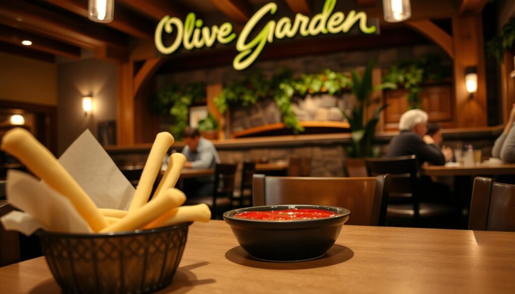 Inside a warmly lit Olive Garden restaurant during regular hours, the foreground features a neatly set table with fresh breadsticks and a bowl of marinara sauce, evoking a welcoming atmosphere. In the middle, a cozy dining area reveals a few patrons enjoying their meals, dressed in modest casual attire, engaged in friendly conversations. The background showcases rustic decor with wooden beams and green plants accentuating the Italian theme. Soft, ambient lighting casts gentle shadows, enhancing the cozy feel of the restaurant. The image is captured from a slight angle, focusing on the table setting while keeping the patrons and decor subtly in view, conveying a sense of warmth and comfort typical of a family dining experience.
