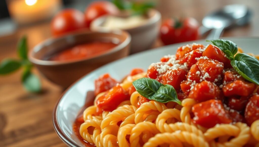 Rotini pasta elegantly plated in a rich marinara sauce, with vibrant, ripe tomato chunks and fresh basil leaves scattered on top for a pop of color. In the foreground, the glossy noodles twirl artistically, showcasing their spiral shape, while the middle ground features a ceramic bowl holding extra marinara and a sprinkle of grated Parmesan cheese. The background subtly hints at a cozy Italian restaurant ambiance with soft, warm lighting, enhancing the red tones of the dish and creating a inviting mood. The composition is captured from a slight overhead angle, emphasizing the texture of the pasta and sauce, aiming for a mouthwatering portrayal that complements the theme of Italian dining.